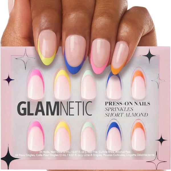 Glamnetic Press On Nails - Sprinkles | Rainbow French Tip Nails, UV Finish Short Pointed Almond