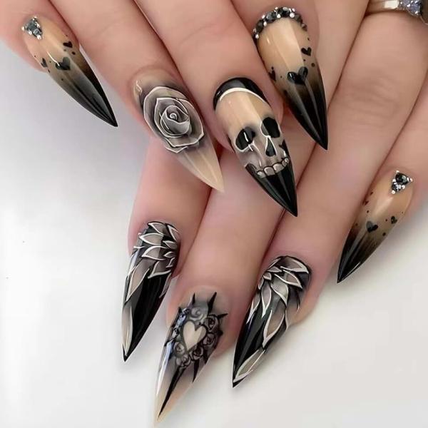 Halloween Press on Nails Almond Medium Skull Black Rose Heart Floral Rhinestone French Tip Fake