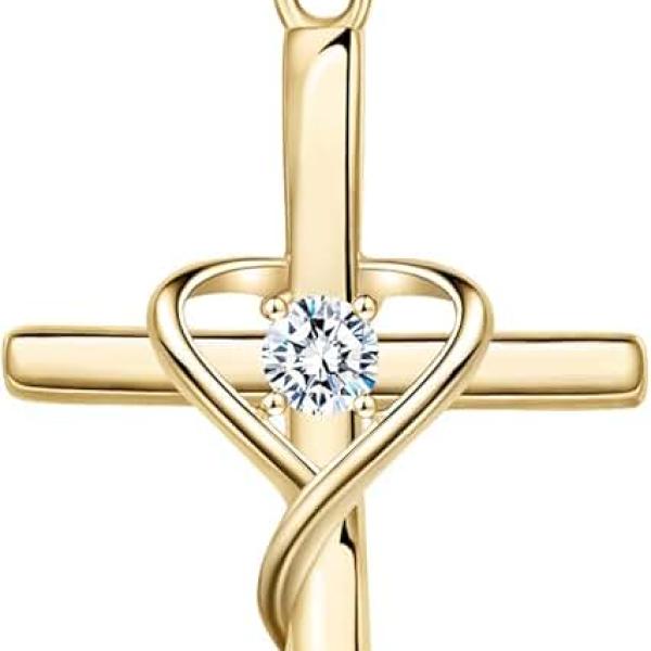 AmorAime 925 Sterling Silver Cross Necklace for Women Men 5A CZ Birthstone Necklaces 14K Gold