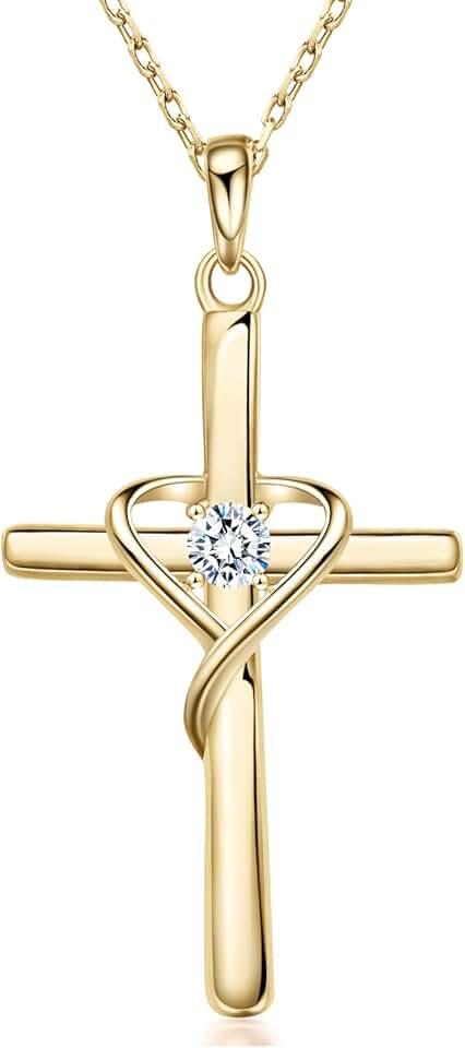 AmorAime 925 Sterling Silver Cross Necklace for Women Men 5A CZ Birthstone Necklaces 14K Gold