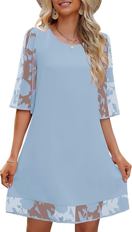 3/4 Sleeve Dress for Women Shift Cute Summer Tunic Floral Lace Dresses