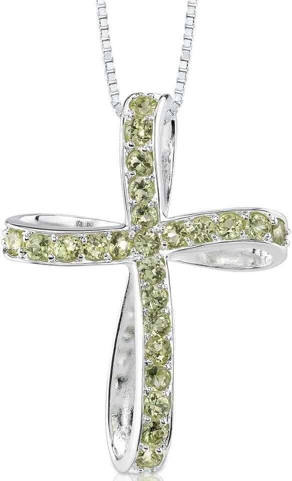 PEORA Peridot Cross Pendant Necklace for Women 925 Sterling Silver, Natural Gemstone, 1.50 Carats