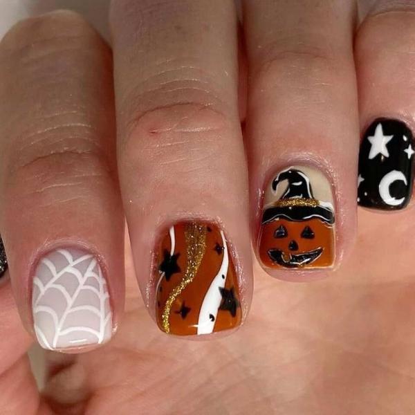 Halloween Press on Nails Short Square Fake Nails with Pumpkin and Spider Web Design Halloween Glue