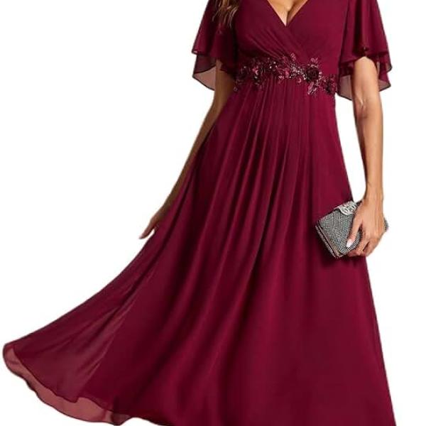 Women's Cocktail Dresses V Neck A-Line Elastic High Waist Wedding Guest Evening Party Maxi Dress 02093