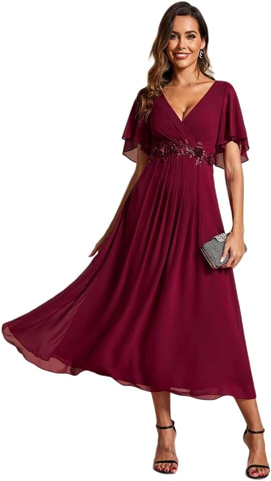 Women's Cocktail Dresses V Neck A-Line Elastic High Waist Wedding Guest Evening Party Maxi Dress 02093