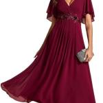 Women's Cocktail Dresses V Neck A-Line Elastic High Waist Wedding Guest Evening Party Maxi Dress 02093