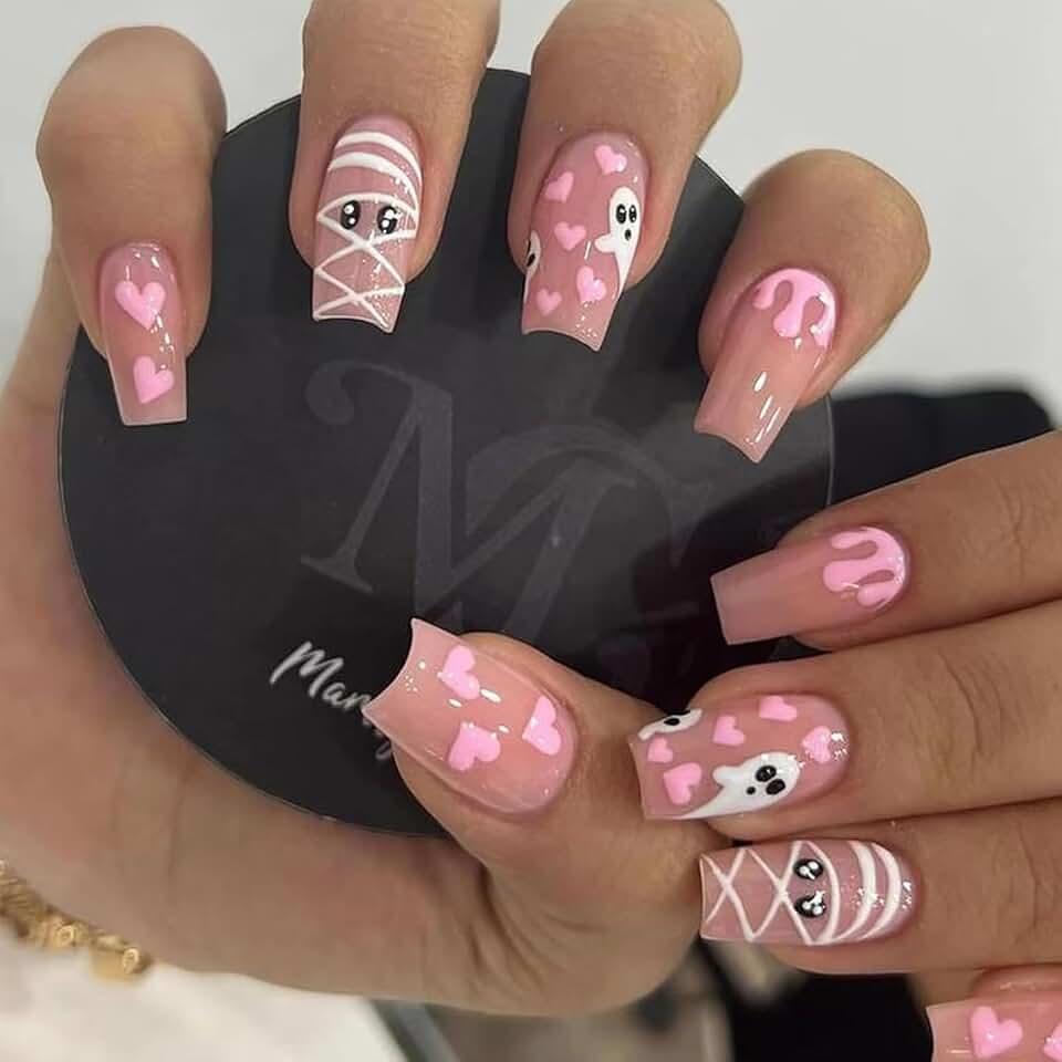 24Pcs Halloween Press on Nails Medium Square Fake Nails with Pink Heart Ghost Design Halloween