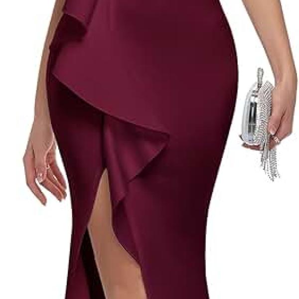 Women's One Shoulder Ruffled Split Mermaid Evening Gown Cocktail Long Formal Dress