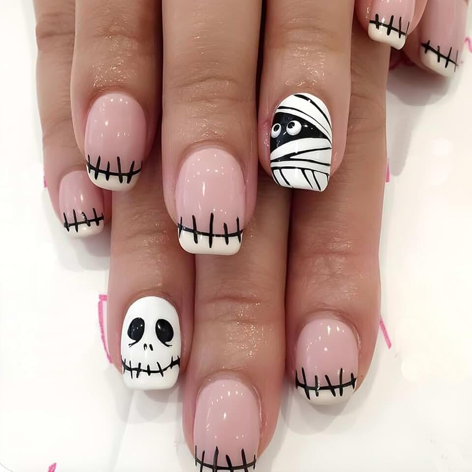 Halloween Fake Nails French Tips Halloween Press on Nails Medium Square with Mummy Skull Designs