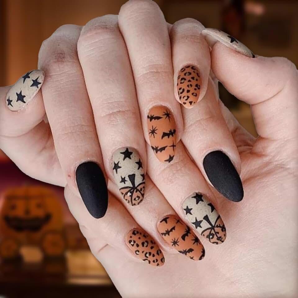 Halloween Pumpkin French Tips Press On Nails Short Almond, 24Pcs Halloween Fake Nails Cute