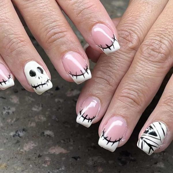 Halloween French Tip Press on Nails Short Square Fake Nails, Pink Press on Nails with Mummy Designs