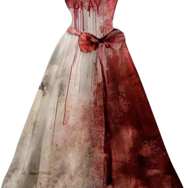 Halloween Costumes for Women Bloody Ghost Print Flared Dress Sleeveless Cosplay Cocktail Dress