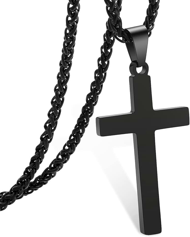 RS Cross Necklace for Men Boys Women 16-24 Inches Stainless Steel Cross Pendant Chain Religious Gift