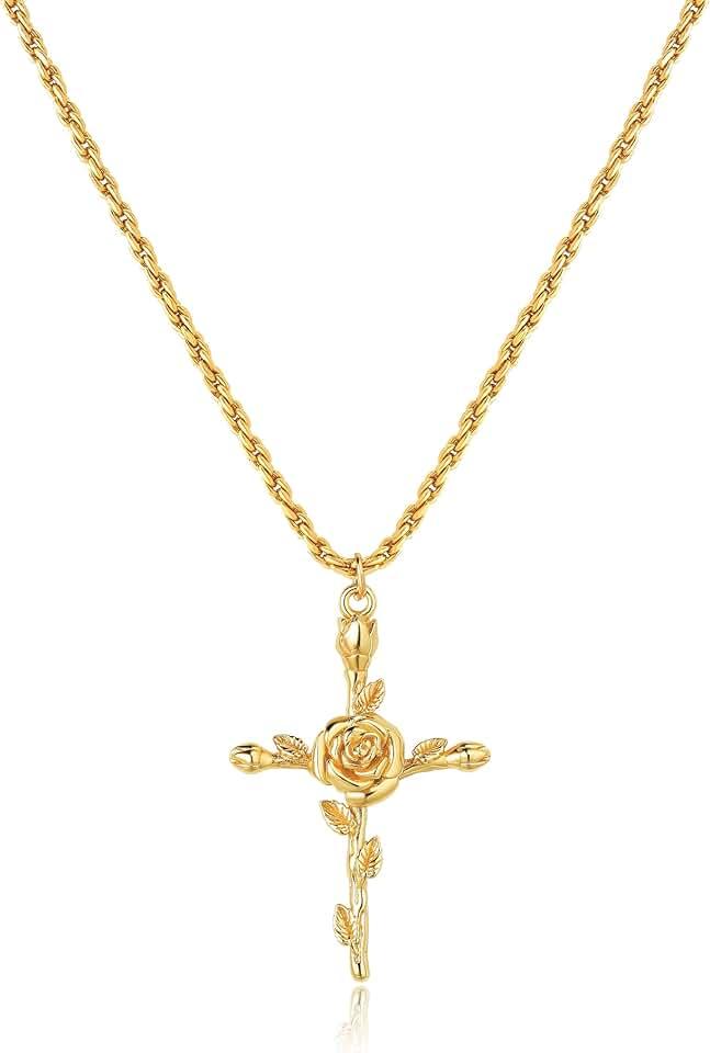 Cross Necklace for Women 14K Gold Plated Birth Flower Necklaces Rope Cross Pendant Fashion Gold