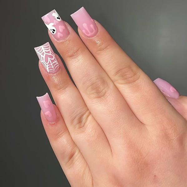 Halloween Press on Nails Medium Square Fake Nails Cute Ghost Pink Heart Liquid Full Cover Stick on