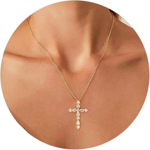 14K Gold Plated Celestial Faith Cross Necklace for Women, Non Tarnish Dainty Diamond Cross