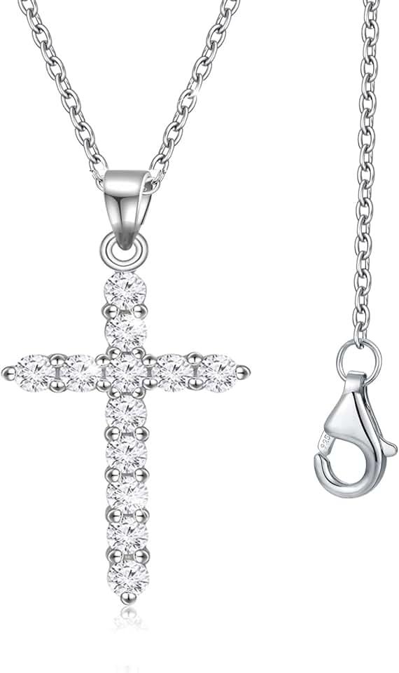 Sterling Silver Cross Necklace Gold Plated,5A CZ Diamond Infinite Elements,18"+2" Silver