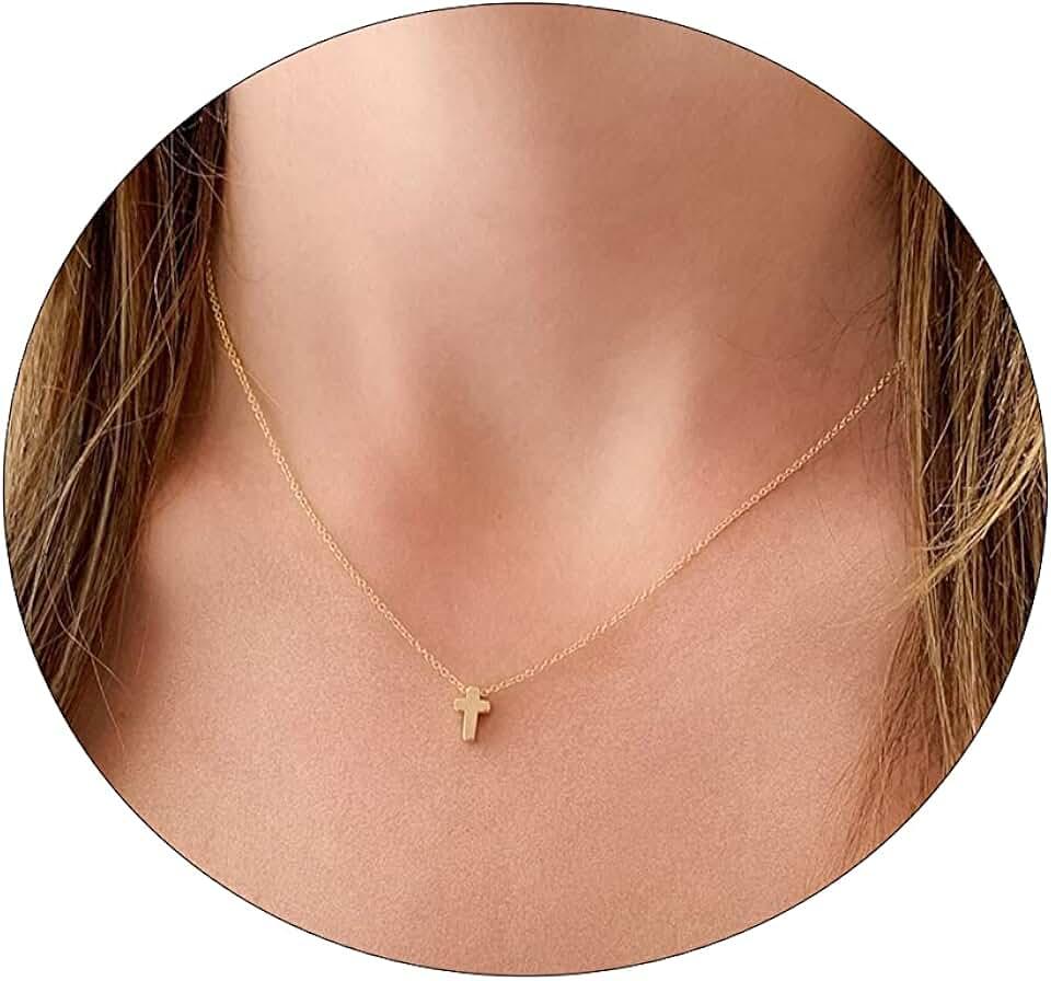 18K Gold Plated Dainty Tiny Cross Necklace for Women Stainless Steel Plain Cross Pendant Necklace