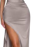 Women's Sexy One Shoulder Satin High Split Cocktail Wedding Party Maxi Dress