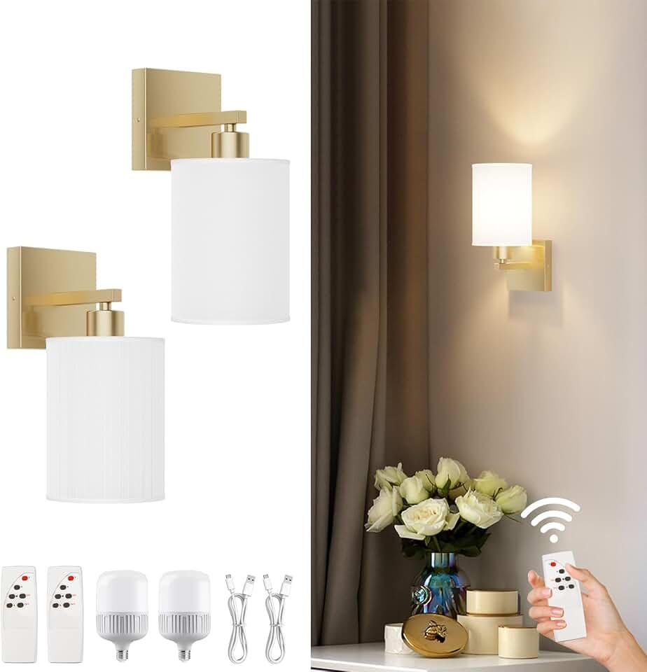 Tipace Battery Operated Wall Sconce Set of 2,Gold Rechargeable Wall Lights with Dimmable Detachable