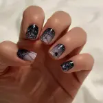 Halloween Press on Nails Short Square Fake Nails Glitter Sparkly Black Gradient Full Cover False