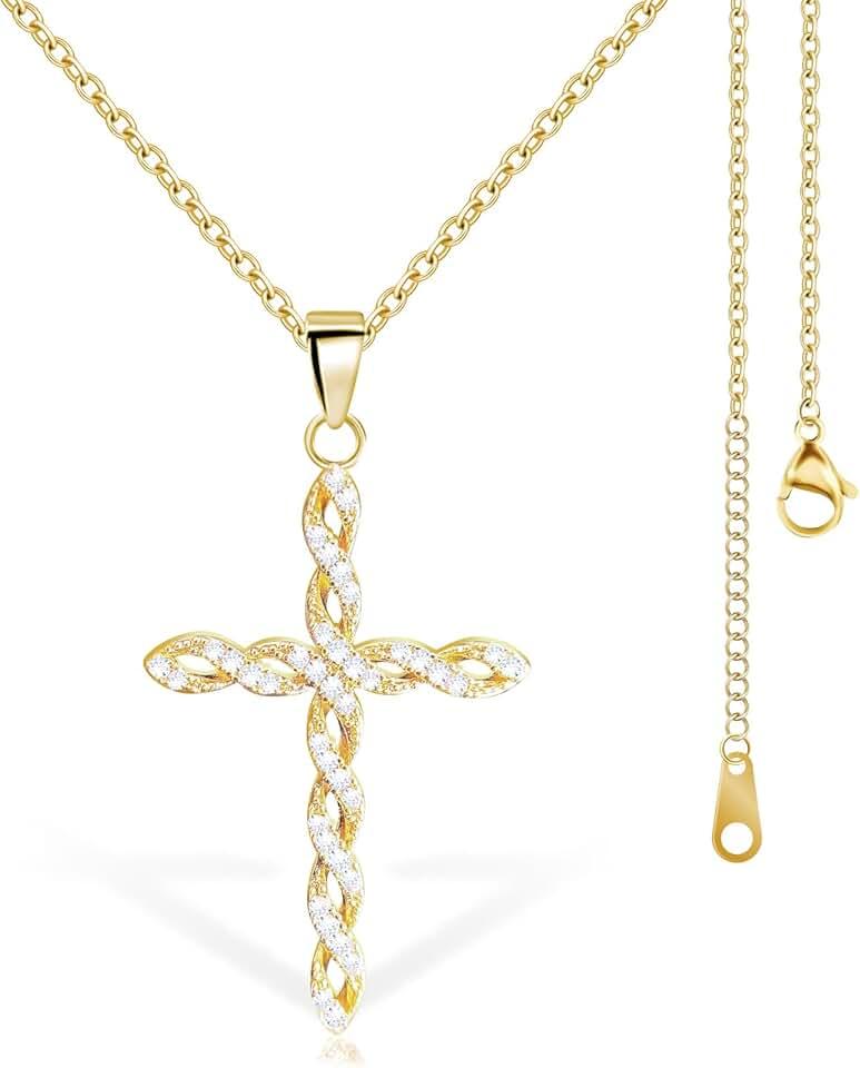 Christian Faith Cross Necklaces for women, Cubic Zirconia Pendant 14K Gold Plated Choker Necklaces,