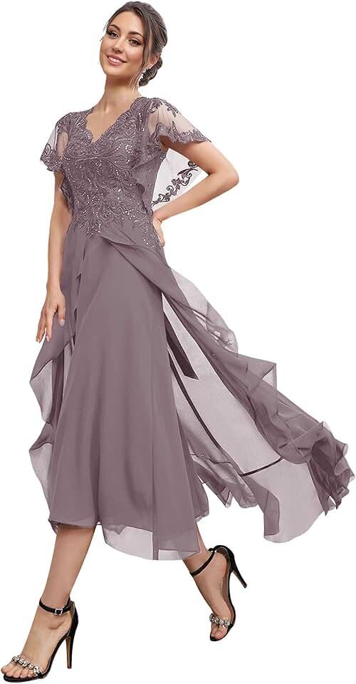 Mother of The Bride Dresses Sequins V Neck Short Sleeve Evening Gown High Low Chiffon Wedding Guest Dresses