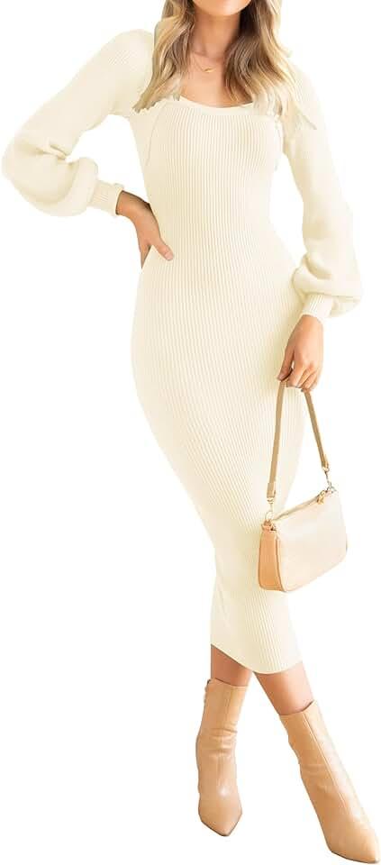 Women's 2024 Square Neck Ribbed Knit Dress Puff Long Sleeve Slim Fit Bodycon Fall Winter Pullover Sweater Dress