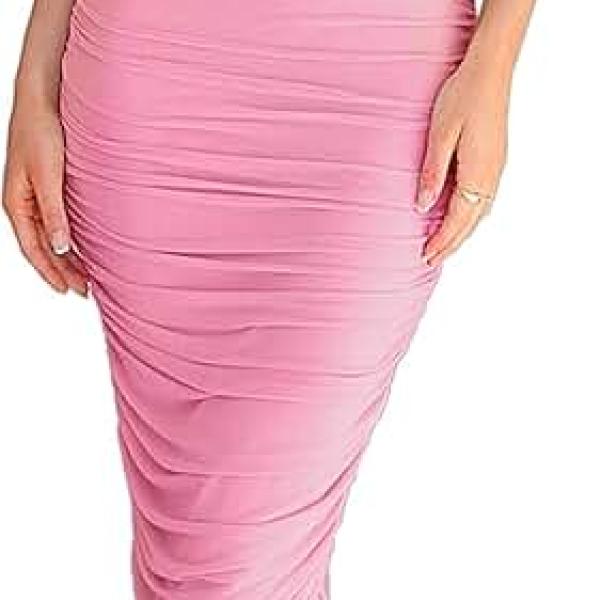 Women's Off Shoulder Ruched Bodycon Midi Dresses Short Sleeve Elegant Cocktail Party Tube Dress