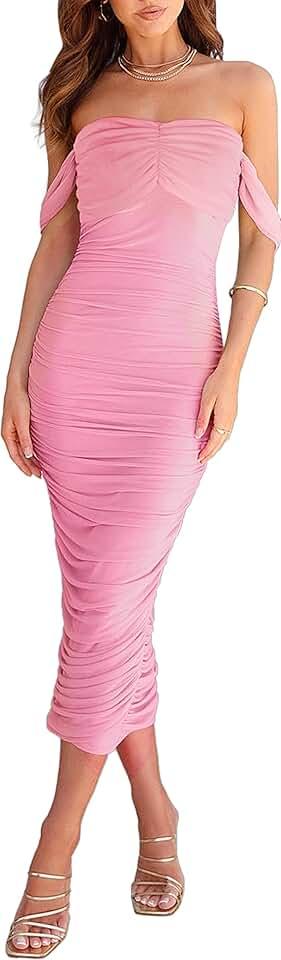 Women's Off Shoulder Ruched Bodycon Midi Dresses Short Sleeve Elegant Cocktail Party Tube Dress