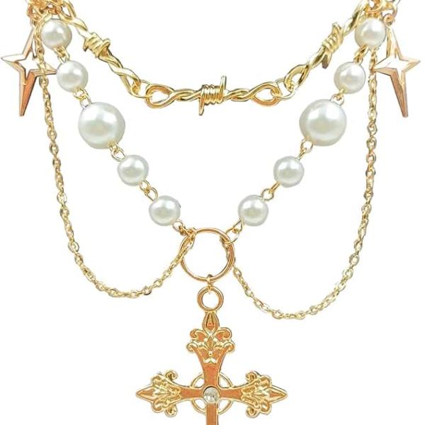 Gold Pearl Cross Necklaces for Women Gothic Hollow Cross Pendant Necklace Vintage Adjustable