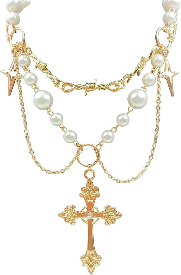 Gold Pearl Cross Necklaces for Women Gothic Hollow Cross Pendant Necklace Vintage Adjustable