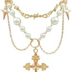 Gold Pearl Cross Necklaces for Women Gothic Hollow Cross Pendant Necklace Vintage Adjustable