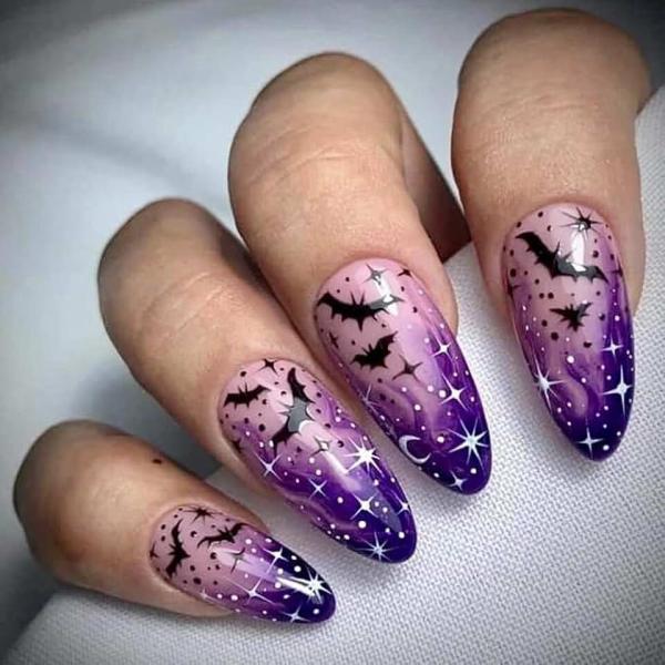 Halloween Press on Nails Medium Almond Fake Nails Purple Magic Bat False Nails with Purple Flame