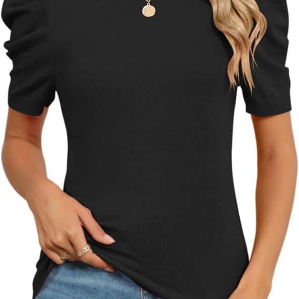 AKEWEI Puff Short Sleeve Sweater for Women Tops Trendy Fall 2024 Business Casual Outfits Knit Crewneck Shirt Blouses