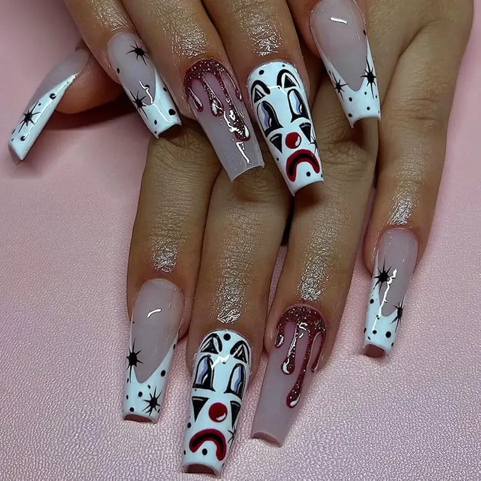 24 PCS Halloween Press on Nails Clown Blood Drop Fake Nails Long Square False Nails with Stars