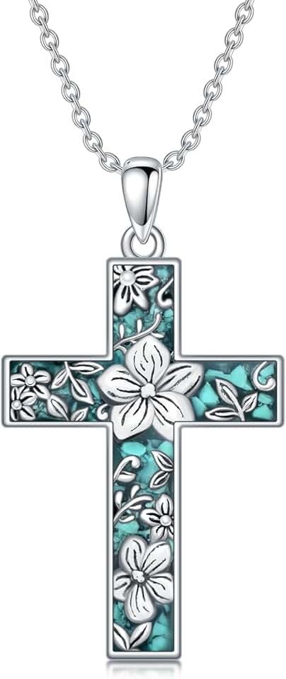 Turquoise Cross Necklace for Women 925 Sterling Silver 12 Month Birth Flower Cross Pendant