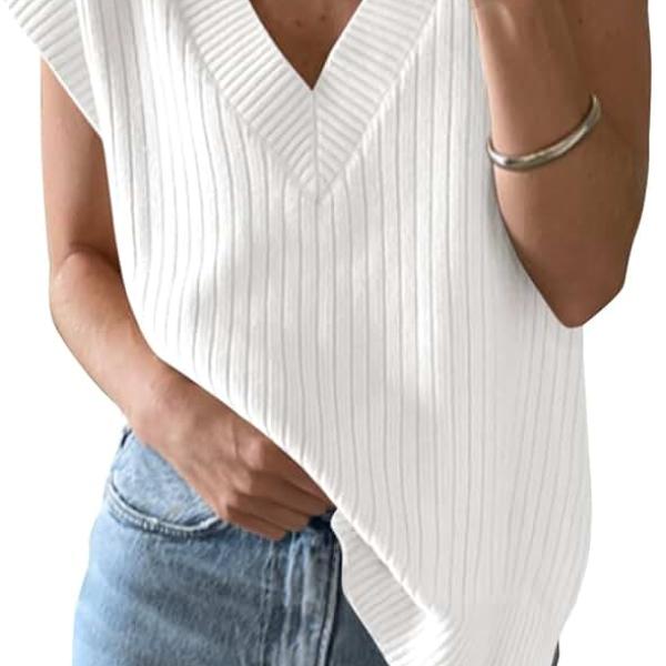 Saodimallsu Womens V Neck Sweater Vest Oversized Ribbed Knit Sleeveless Casual Loose Fit Pullover Tank Top