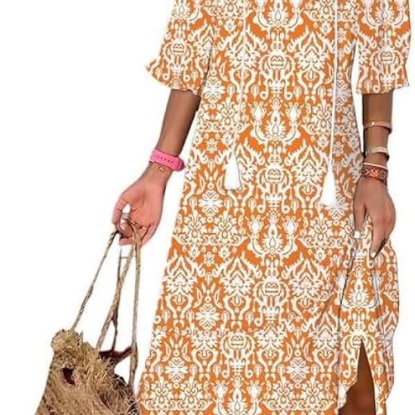 Women Boho Summer Dress 2024 Frill Short Sleeve Tassel V Neck Ruffle Flowy A-Line Maxi Dresses