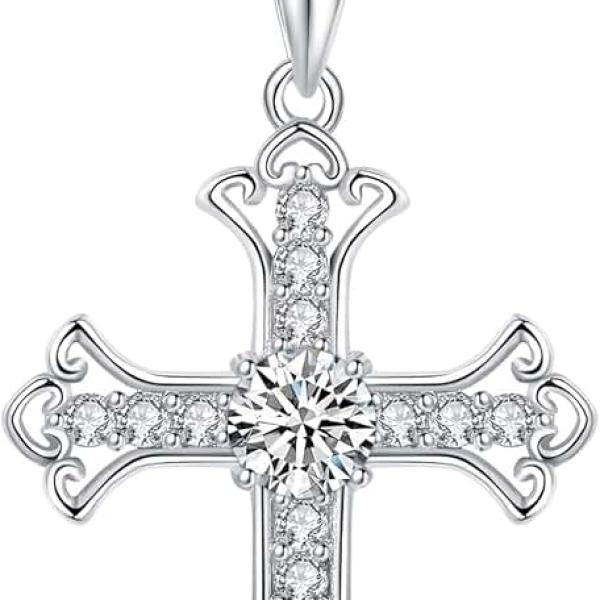 925 Sterling Silver Moissanite Cross Pendant Necklace for Women, Silver Women's Cross Necklace,