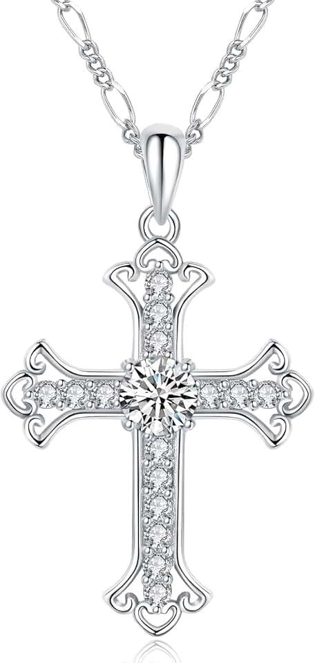 925 Sterling Silver Moissanite Cross Pendant Necklace for Women, Silver Women's Cross Necklace,