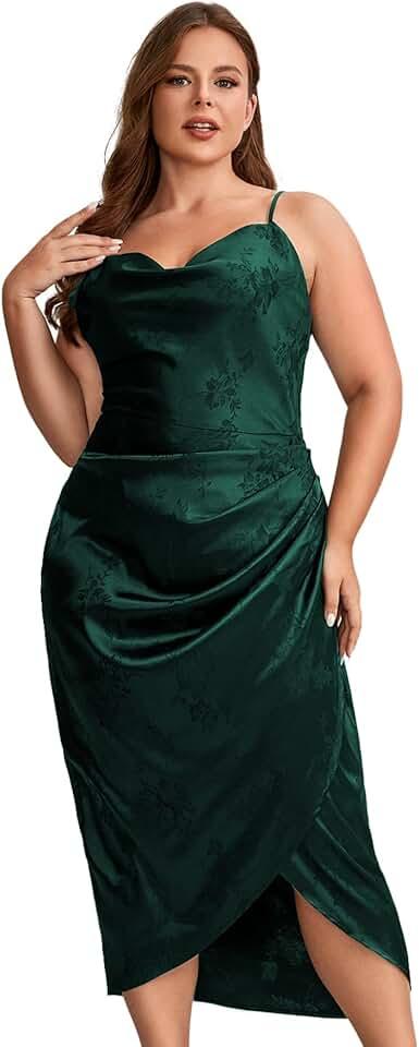 Women's Plus Size Satin Spaghetti Strap Cowl Neck Wrap Party Cami Dress