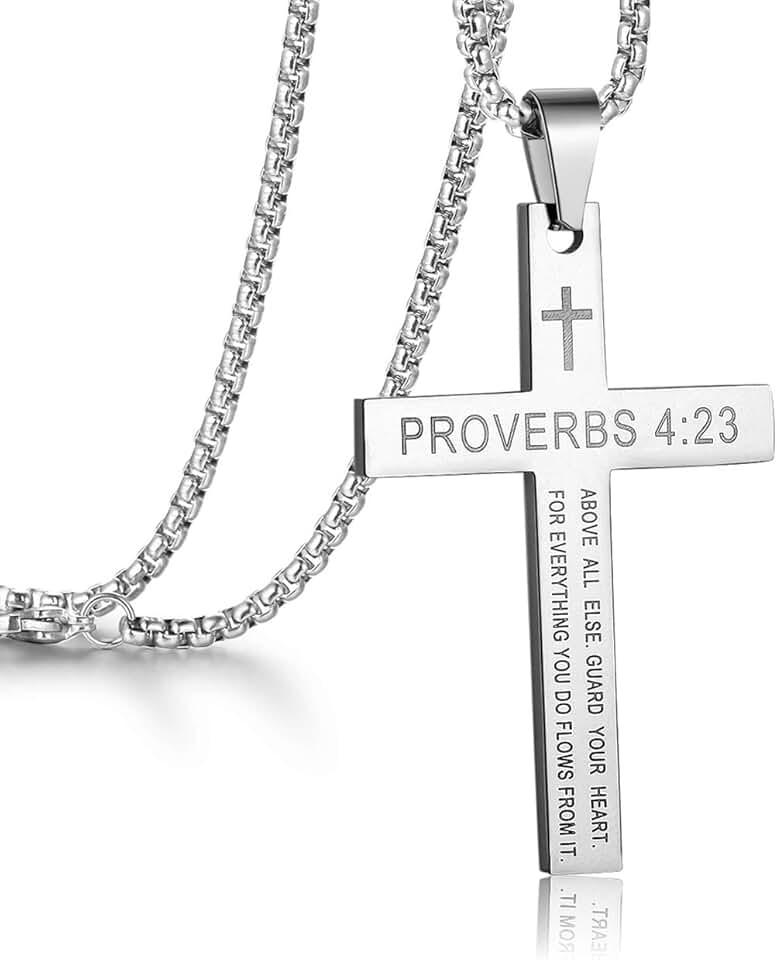 Rehoboth Stainless Steel Cross Pendant Necklaces Bible Verse PROVERBS 4:23 Pendant for Men or Women