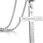 Rehoboth Stainless Steel Cross Pendant Necklaces Bible Verse PROVERBS 4:23 Pendant for Men or Women