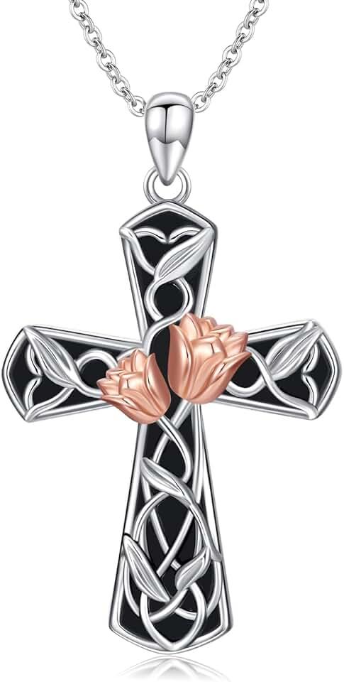 Gothic/Virgin Mary/Heart/Flower Cross Necklace for Men Women 925 Sterling Silver Faith Cross