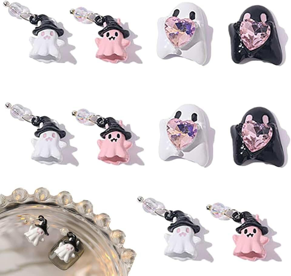 Halloween Ghost Nail Art Decals Charms, Pink White Cute Resin Beautiful Nail Charms Exquisite Nail