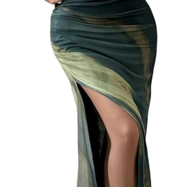 Women's One Shoulder Mesh Ruched Maxi Dress Tie Dye High Slit Bodycon Dresses