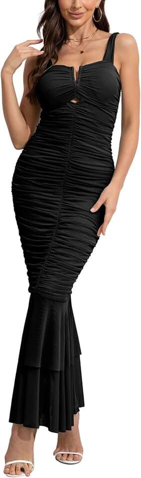 Womens Strenchy Ruched Bodycon Cocktail Party Dress Maxi Mermaid Corset Dress Evening Gown