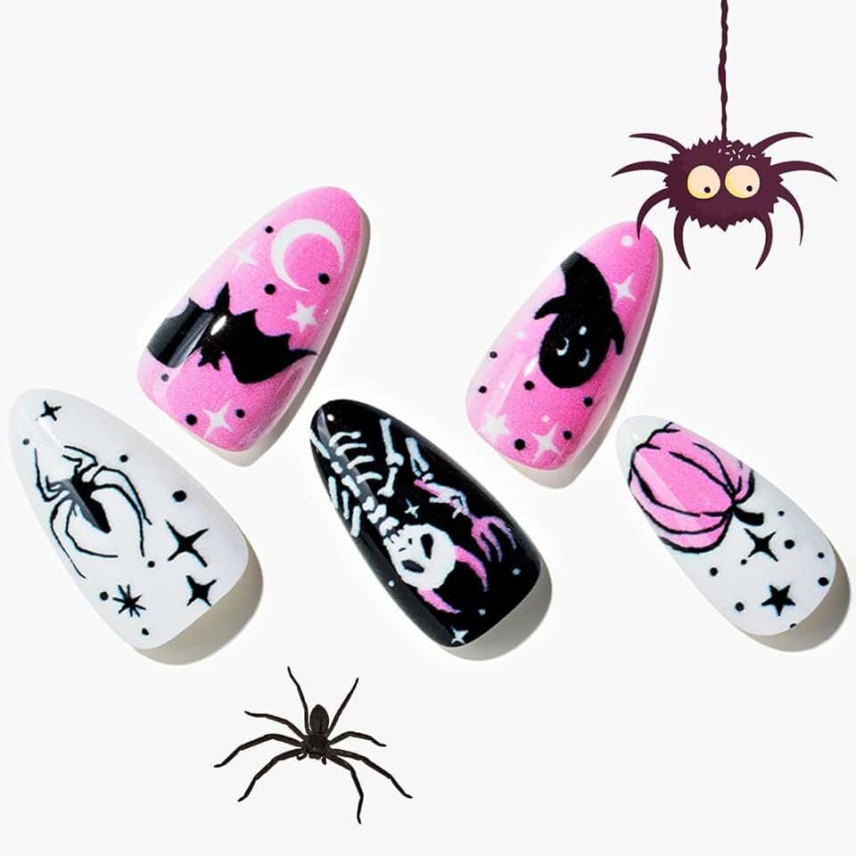 GLAMERMAID Press on Nails Short Almond for Halloween, Gothic Pink White Fake Nails Gel with Design