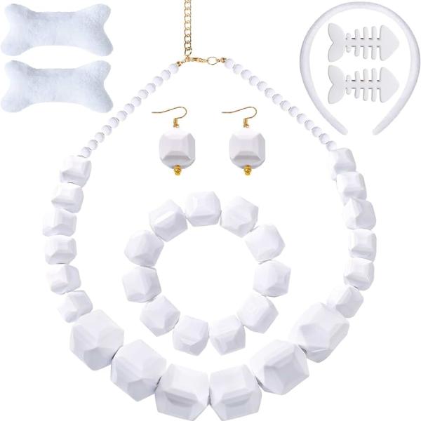 8Pcs Women Costume Accessory Set with White Bead Necklace Earrings Bracelet Hairband Brooch Hair